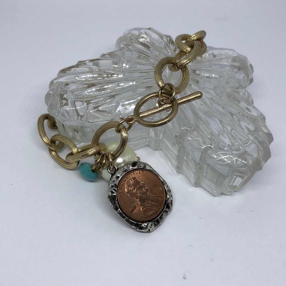 Vintage upcycled brushed gold tone bracelet with coin faux pearl/turquoise charm
